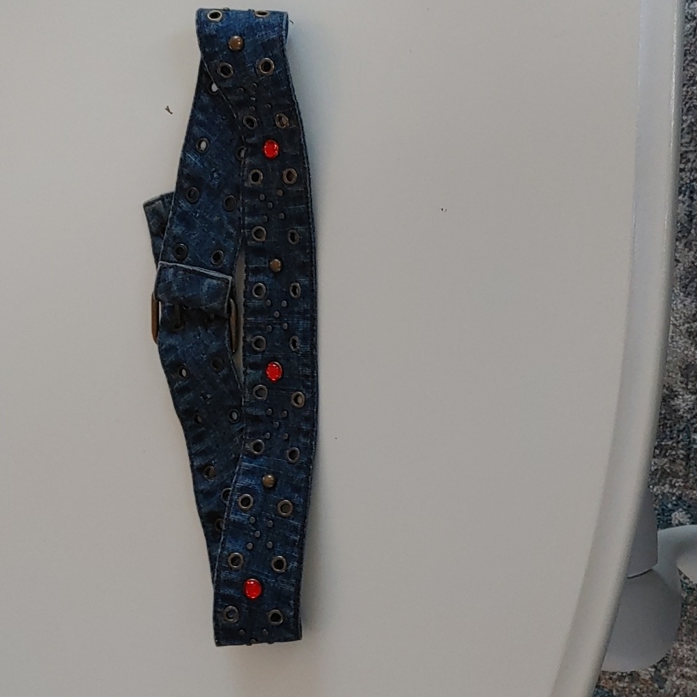 Vintage Blue Jean Bling Denim Belt Red Stones - Picture 3 of 4